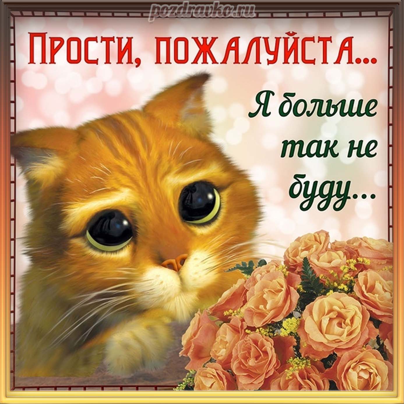 Открытка - прости меня пожалуйста я больше так не буду с котиком и цветами. Скачать бесплатно или отправить картинку.