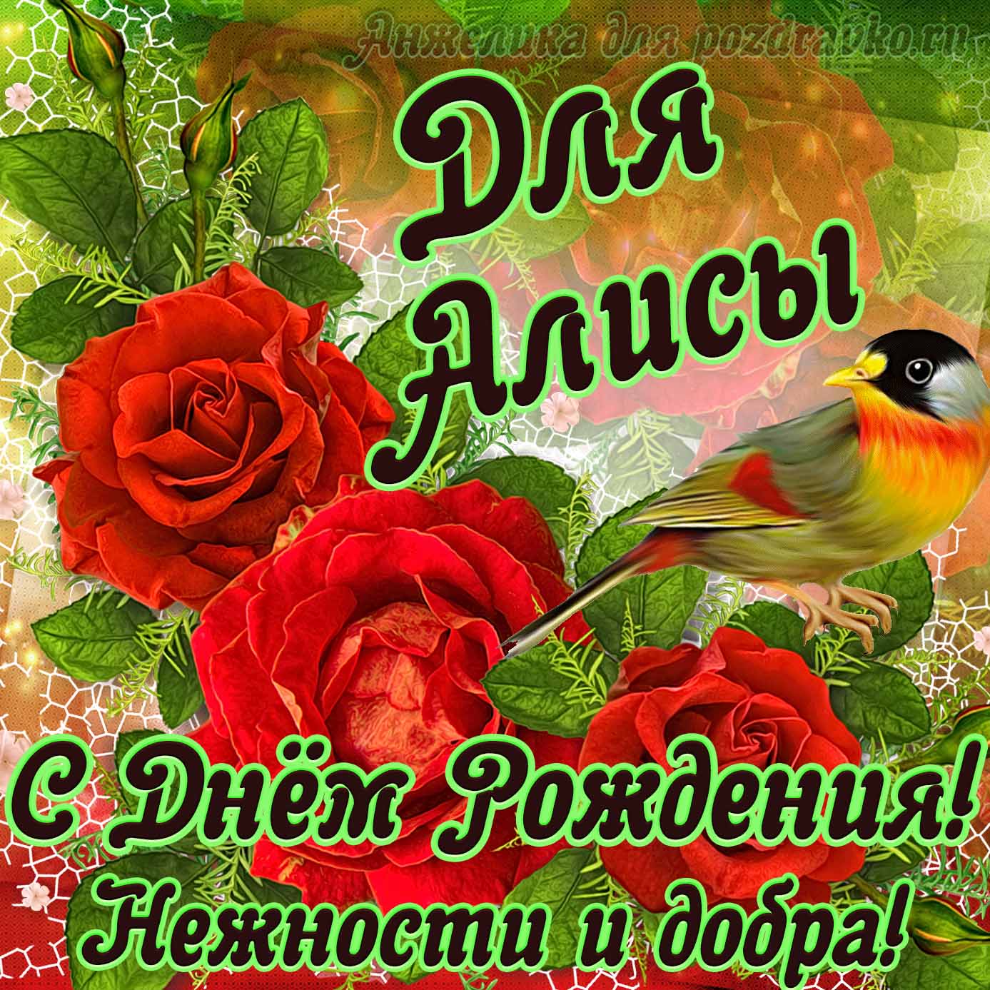 Открытка - для Алисы с Днем рождения с пожеланием нежности и добра. Скачать бесплатно или отправить картинку.