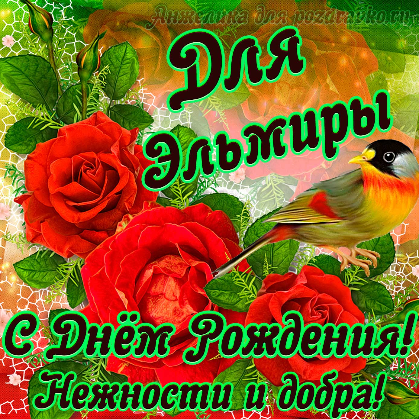 Открытка - для Эльмиры с Днем рождения с пожеланием нежности и добра. Скачать бесплатно или отправить картинку.