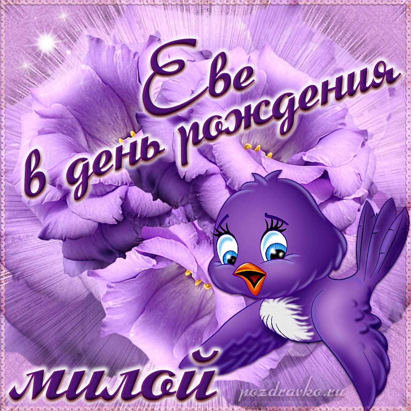 Открытка - милой Еве в День Рождения с забавной птичкой и цветами. Скачать бесплатно или отправить картинку.