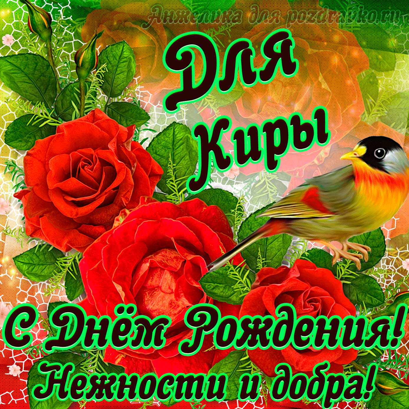 Открытка - для Киры с Днем рождения с пожеланием нежности и добра. Скачать бесплатно или отправить картинку.