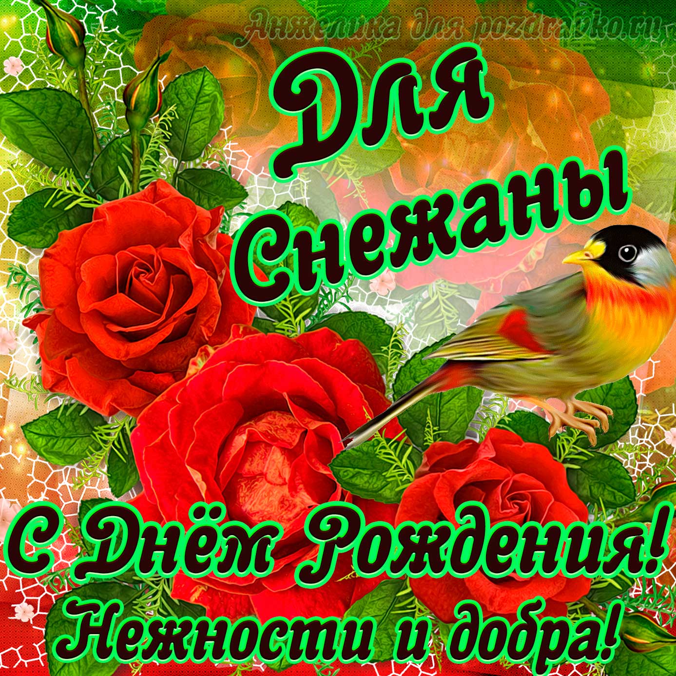 Открытка - для Снежаны с Днем рождения с пожеланием нежности и добра. Скачать бесплатно или отправить картинку.