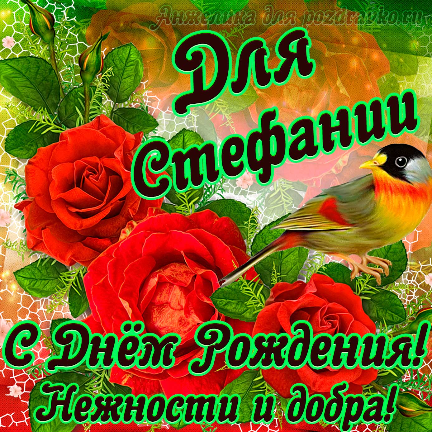 Открытка - для Стефании с Днем рождения с пожеланием нежности и добра. Скачать бесплатно или отправить картинку.