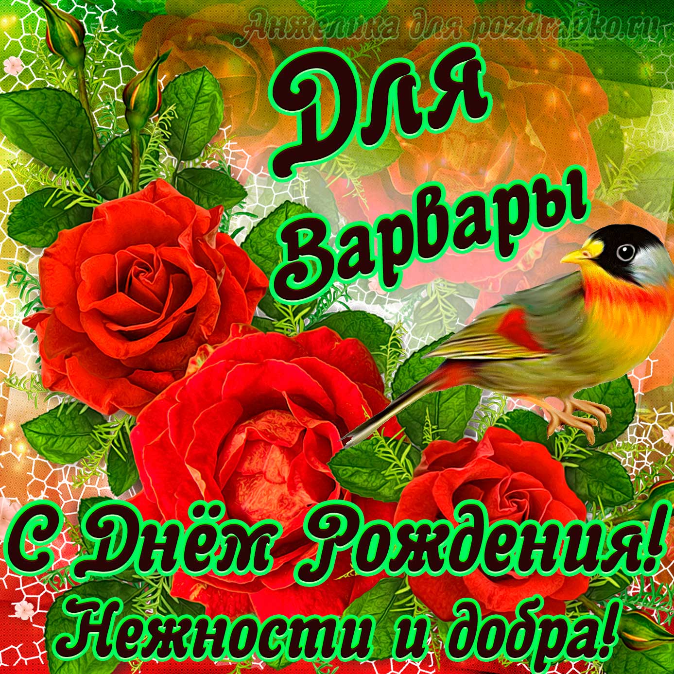 Открытка - для Варвары с Днем рождения с пожеланием нежности и добра. Скачать бесплатно или отправить картинку.