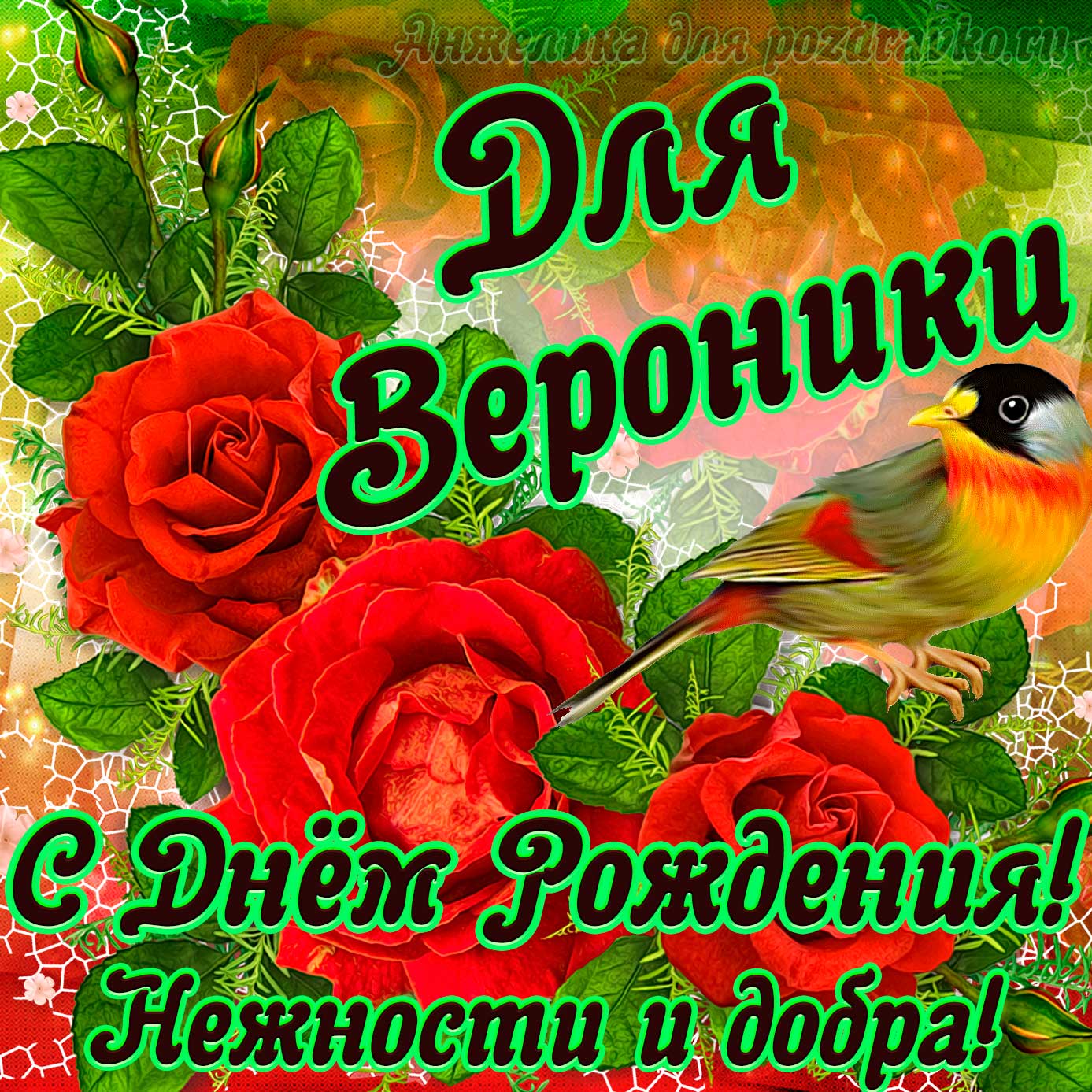 Открытка - для Вероники с Днем рождения с пожеланием нежности и добра. Скачать бесплатно или отправить картинку.