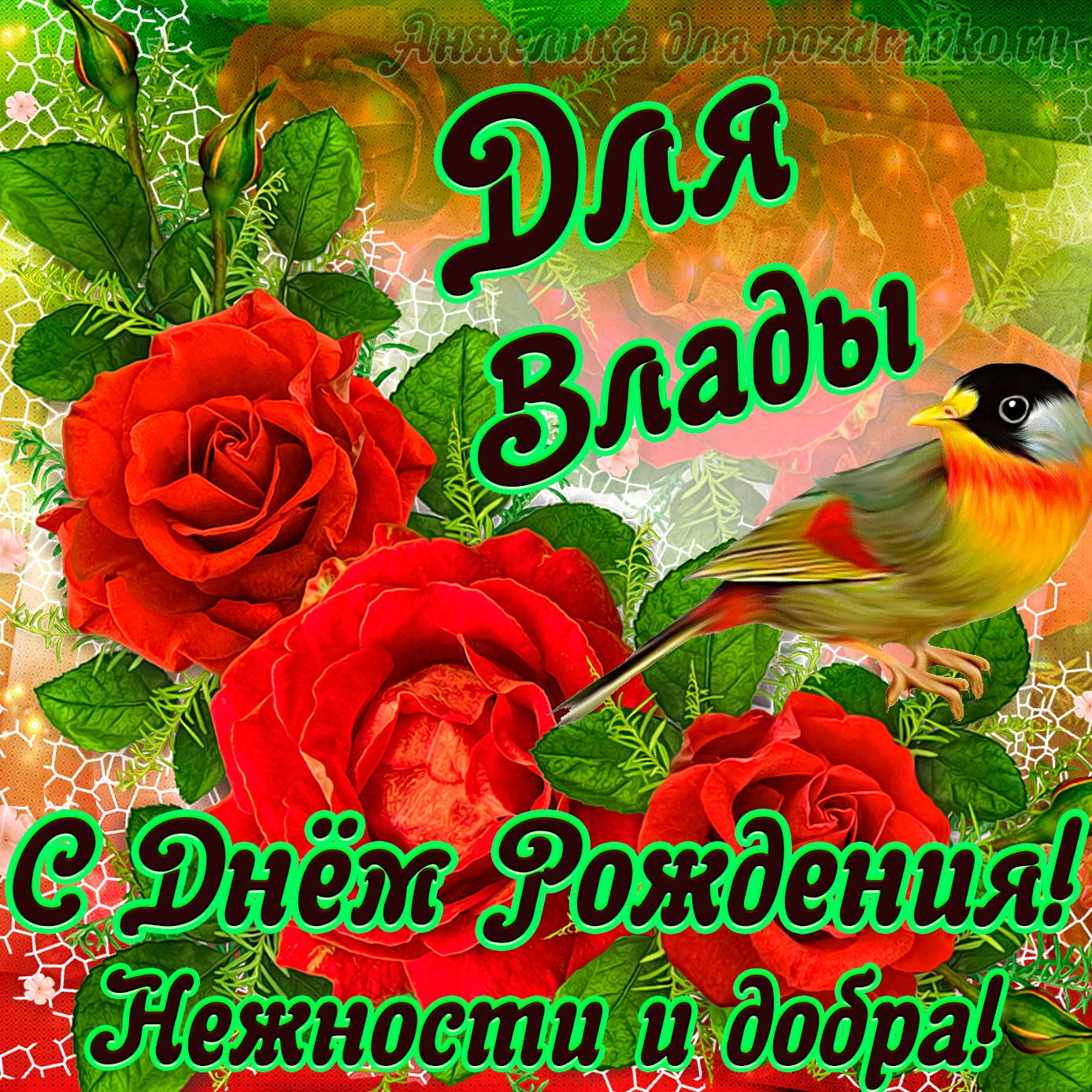 Открытка - для Влады с Днем рождения с пожеланием нежности и добра. Скачать бесплатно или отправить картинку.