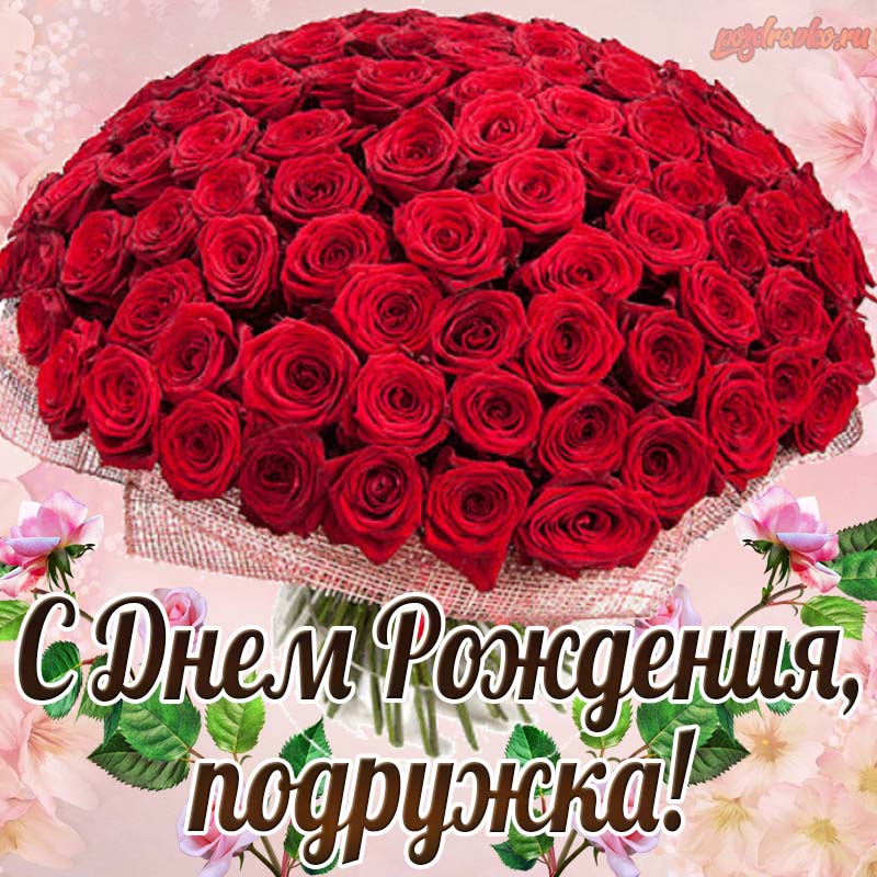 Открытка - с Днем Рождения подруге с огромным шикарным букетом роз. Скачать бесплатно или отправить картинку.