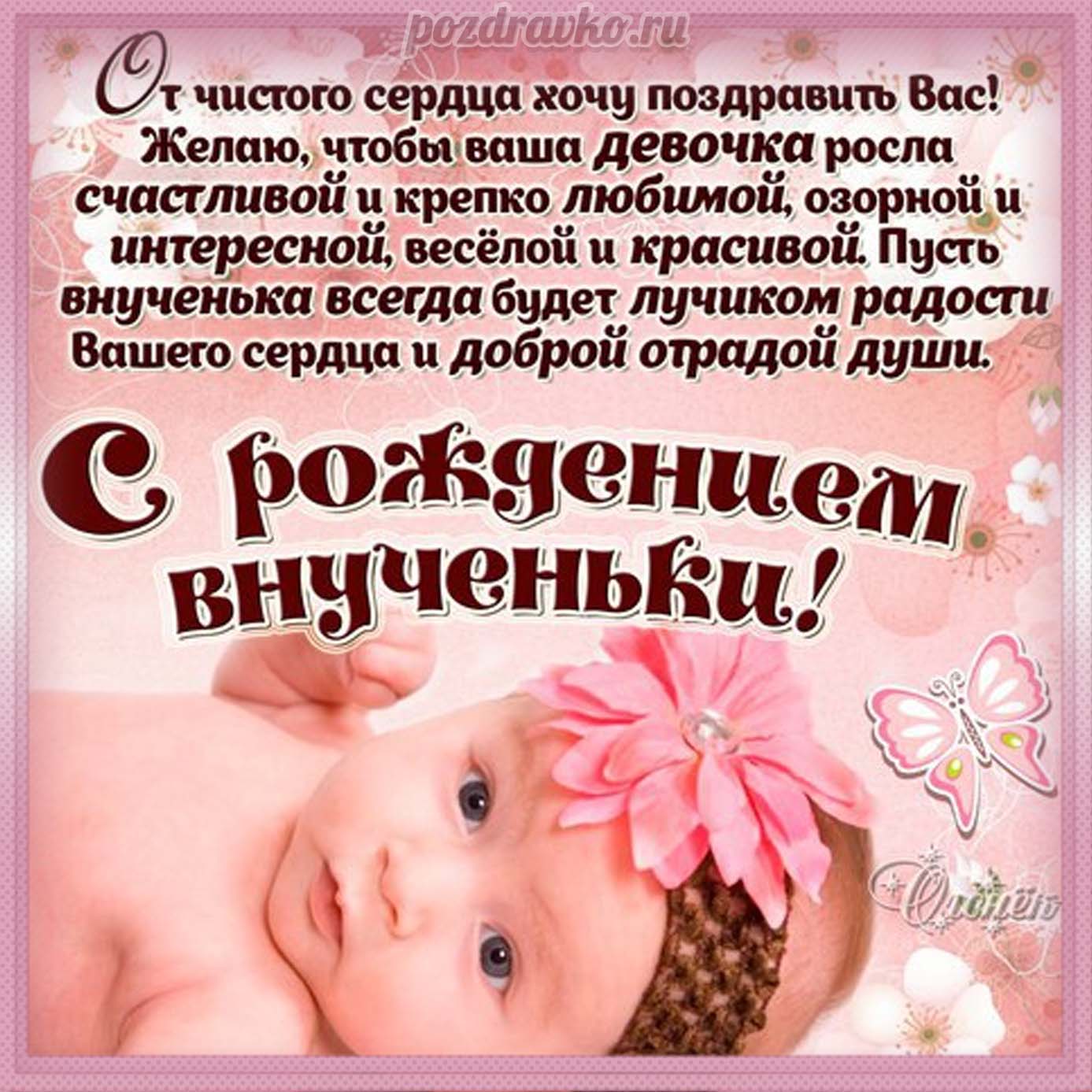 Открытка - с рождением внучки и красивое поздравление с новорожденной. Скачать бесплатно или отправить картинку.