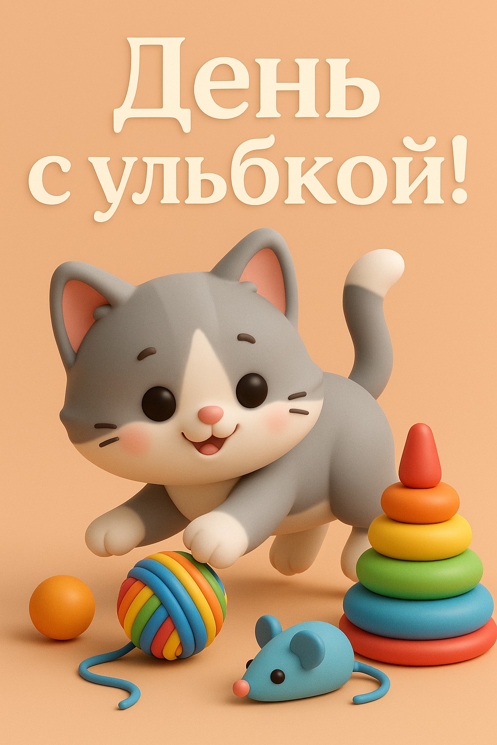 Поделитесь радостью с этой милой 3D открыткой с котенком.