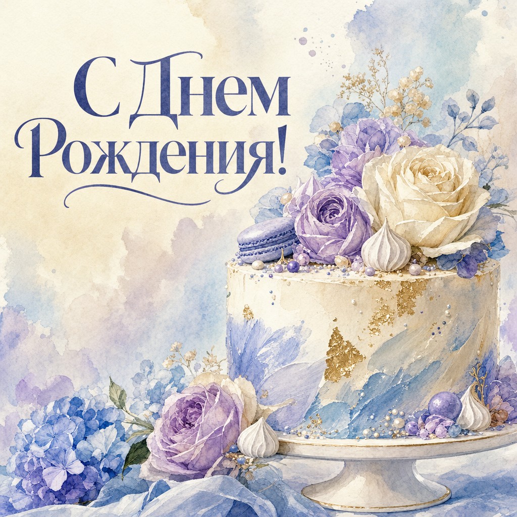 Красивая акварельная открытка на день рождения с тортом