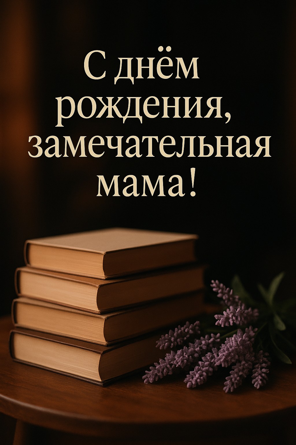 Уютная открытка с книгами и цветами для дня рождения мамы.