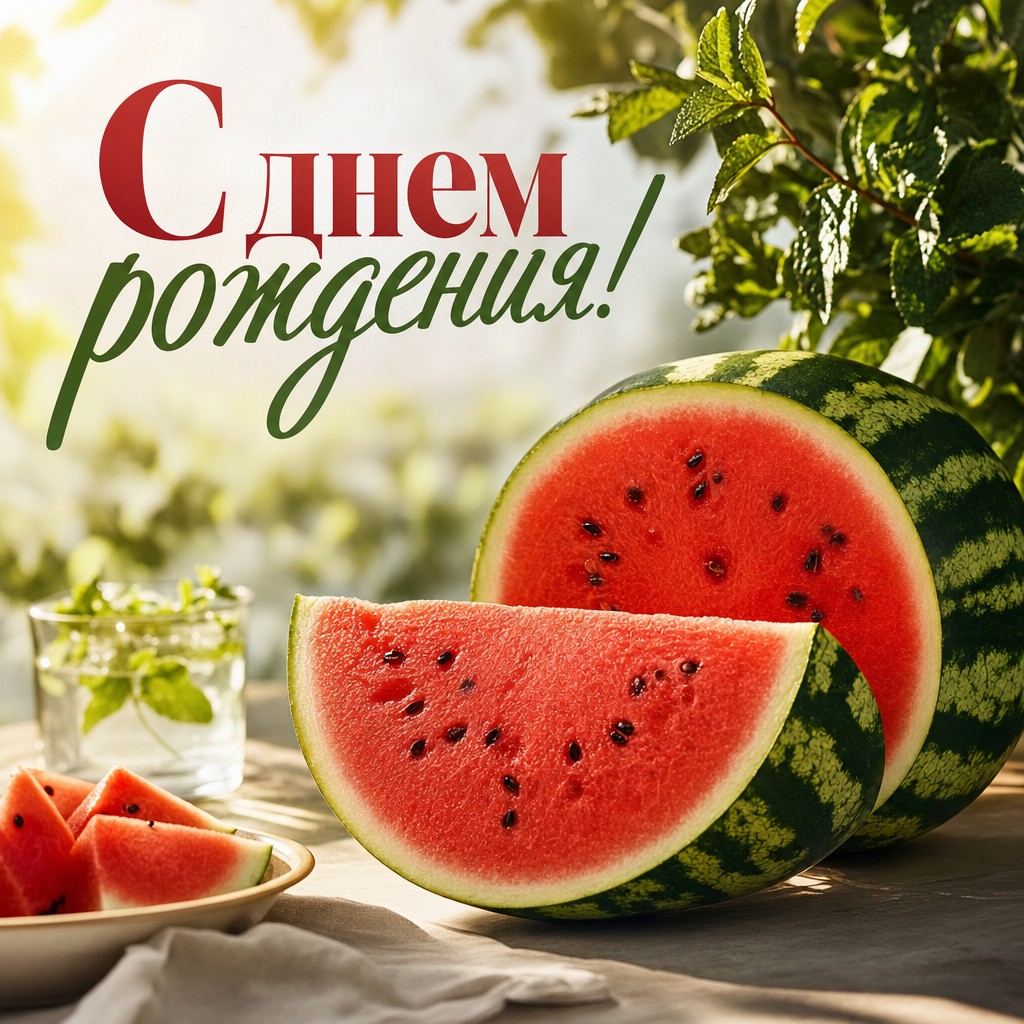 Свежая открытка с арбузом для поздравления с днем рождения.