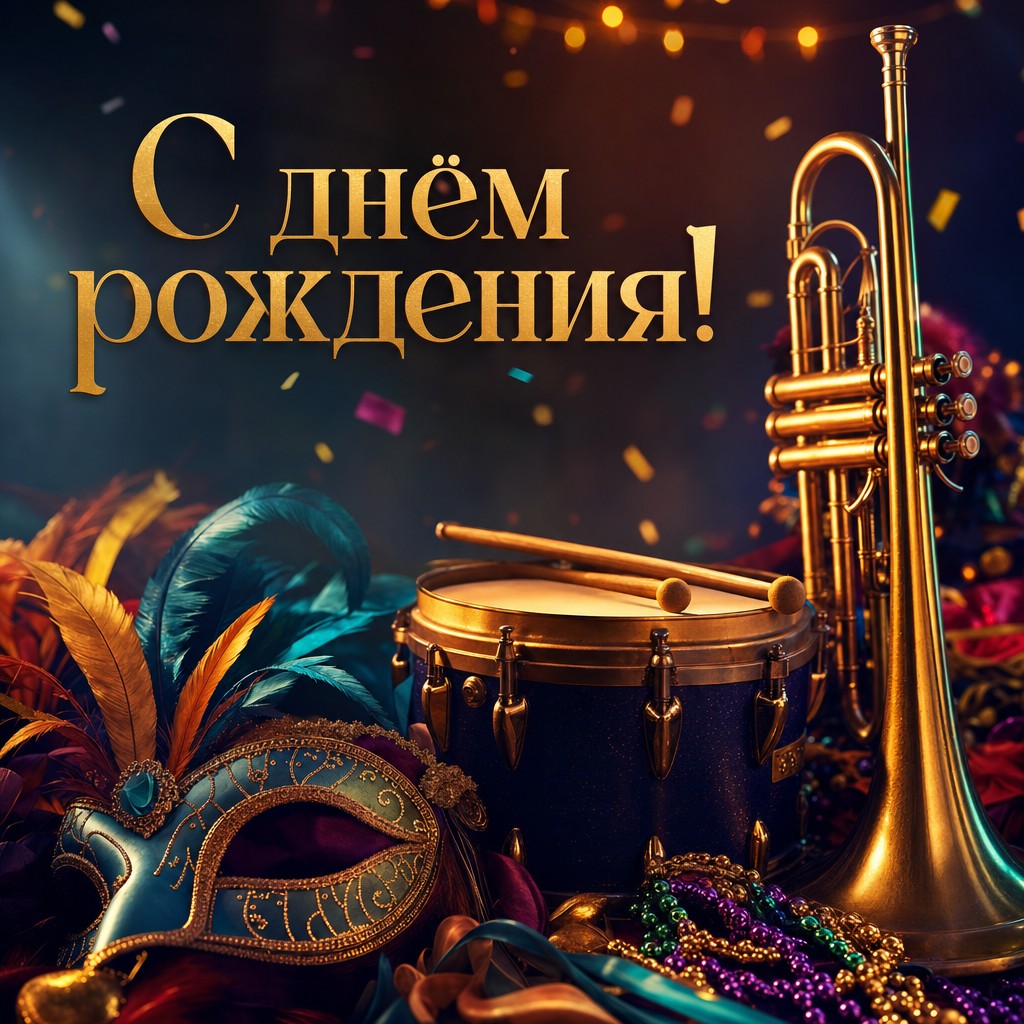 Яркая открытка с музыкальными инструментами для поздравления с днем рождения.