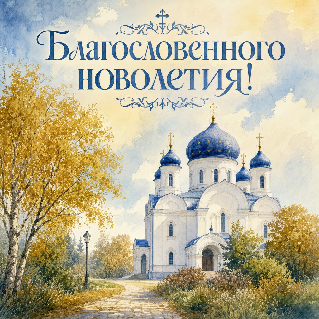 Нежная акварельная открытка к Церковному новолетию с белым храмом, небом и первыми осенними листьями.
