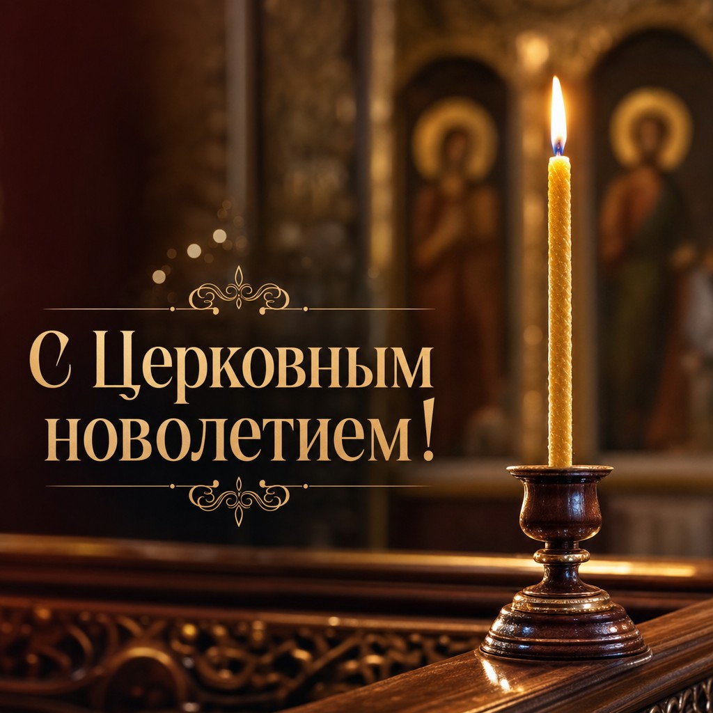 Премиальная открытка к Церковному новолетию с тёплым светом восковой свечи и атмосферой храма.