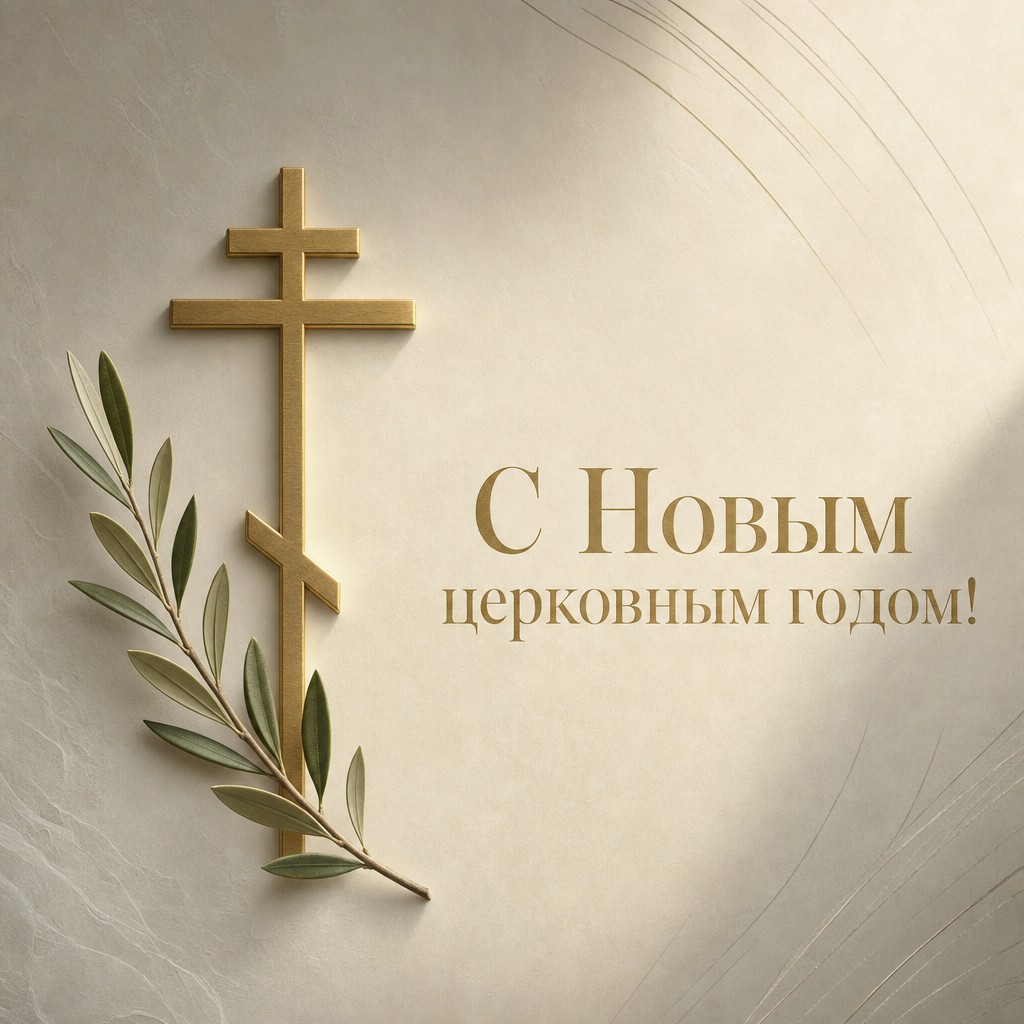 Элегантная минималистичная открытка к Церковному новолетию с золотым крестом и оливковой ветвью.