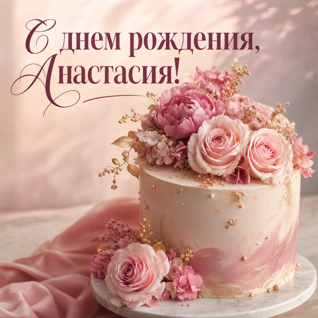 Элегантная открытка с тортом и цветами для дня рождения Анастасии