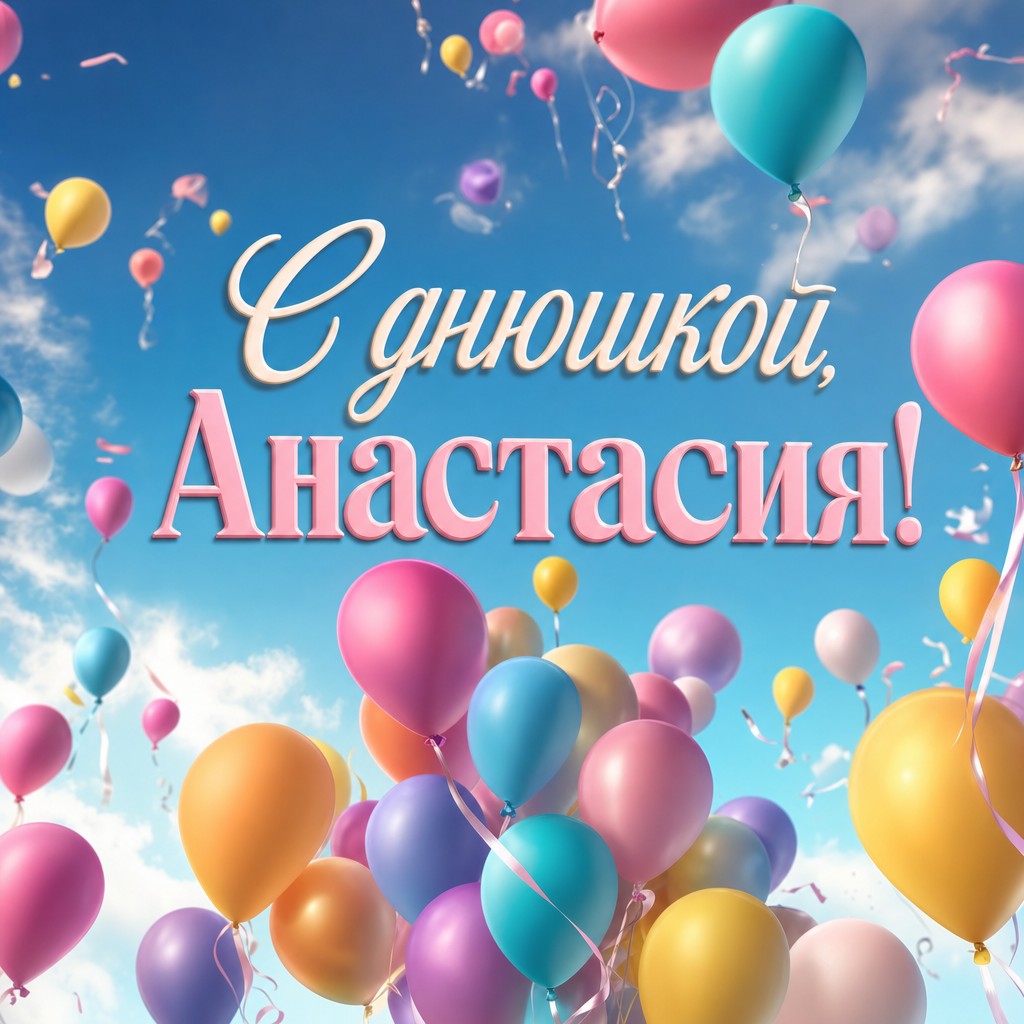 Яркая открытка с воздушными шарами для праздника Анастасии