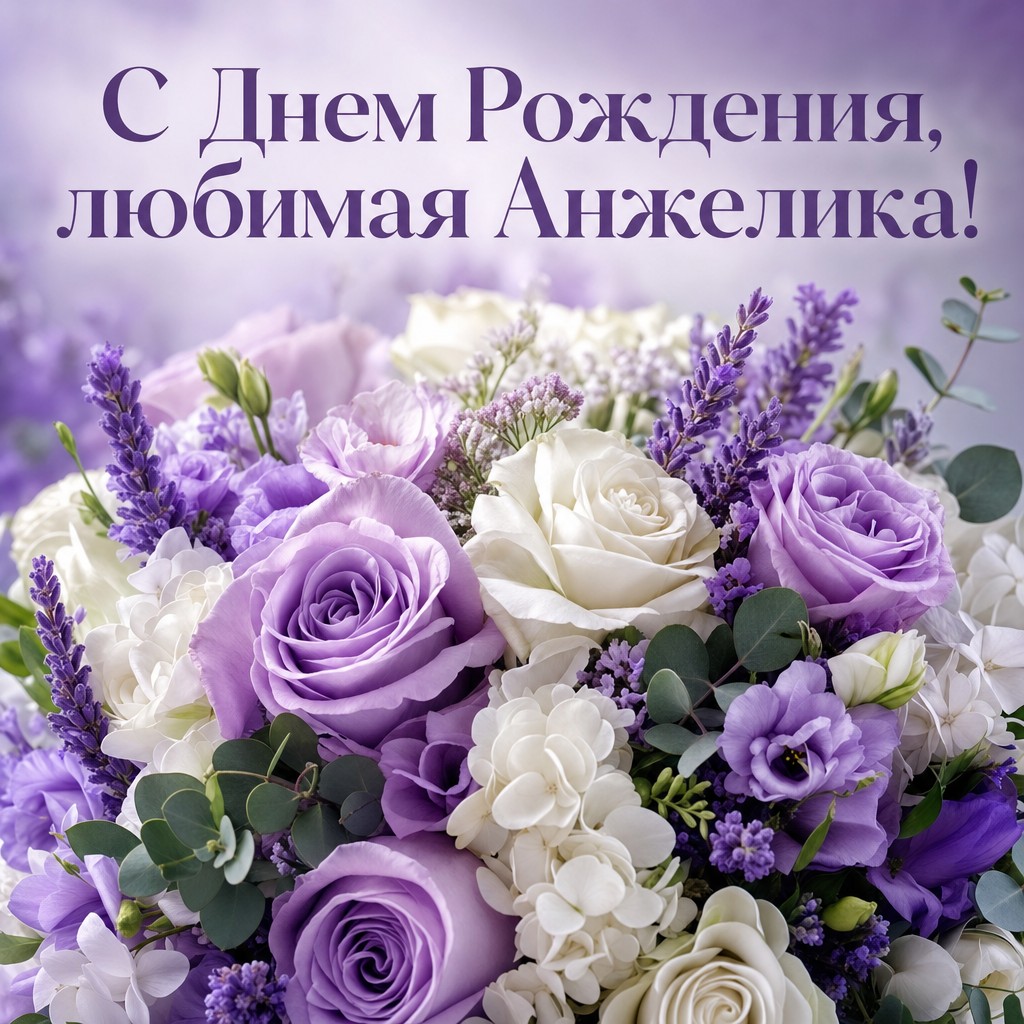 Элегантная открытка для Анжелики с красивым букетом цветов на день рождения.