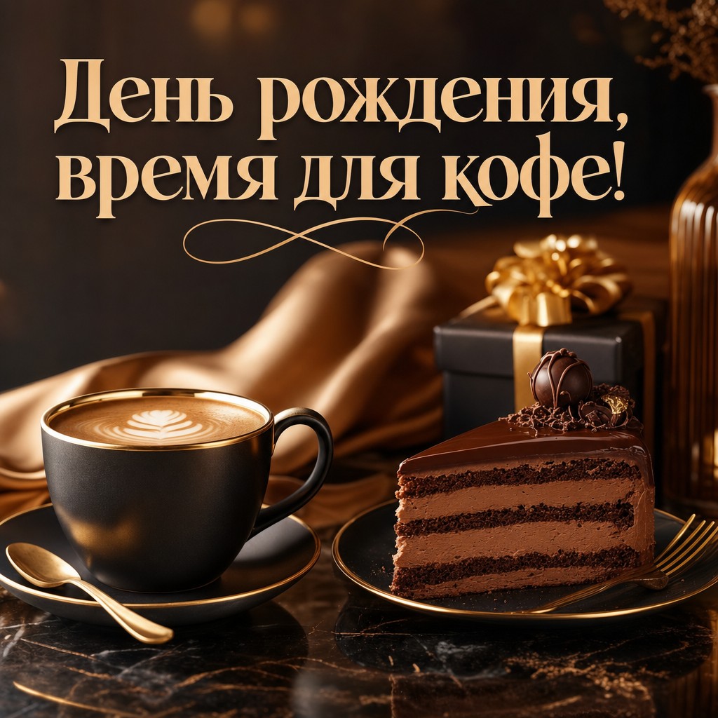 Элегантная открытка с чашей кофе для поздравления с днем рождения.