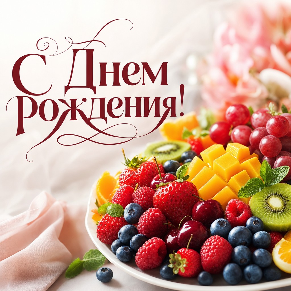 Яркая открытка с фруктами для поздравления с днем рождения.