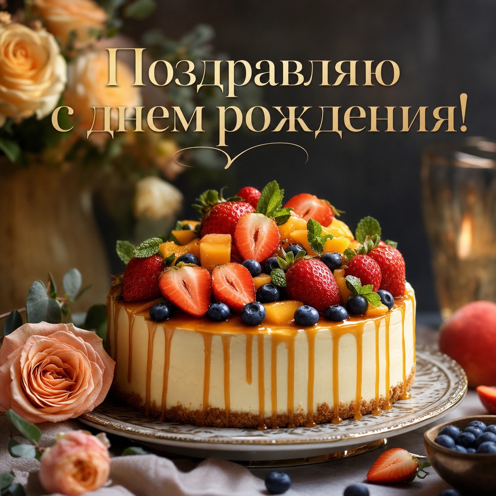 Открытка с фруктовым тортом для поздравления с днем рождения.
