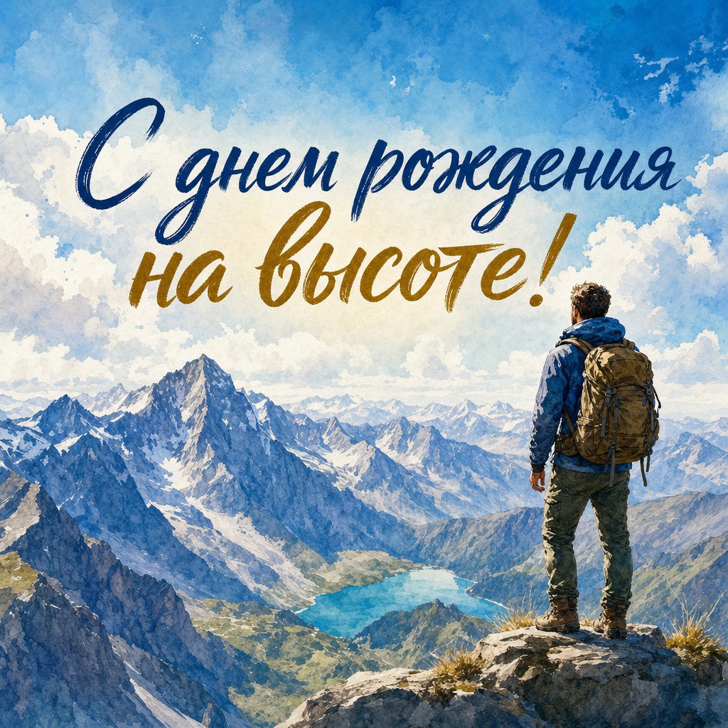 Спокойная открытка с горным пейзажем для поздравления с днем рождения.