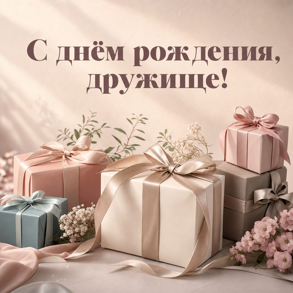 Элегантная открытка с подарками для поздравления с днем рождения.
