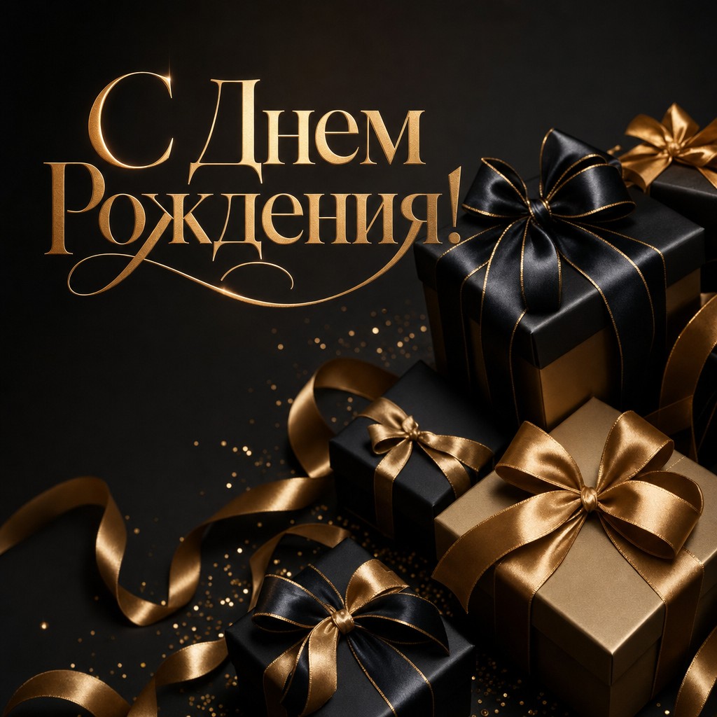 Роскошная открытка с подарками и лентами для поздравления с днем рождения.