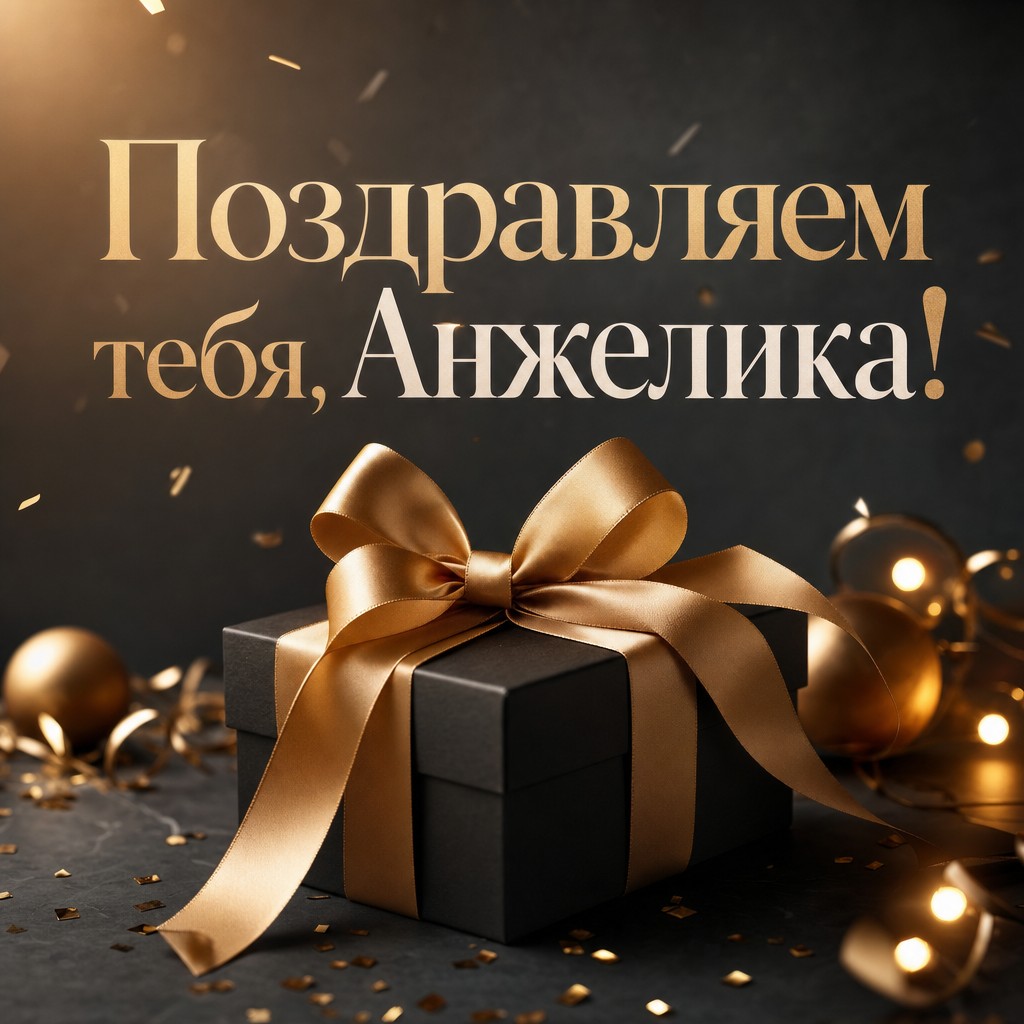 Современная открытка для Анжелики с красивым подарком на день рождения.
