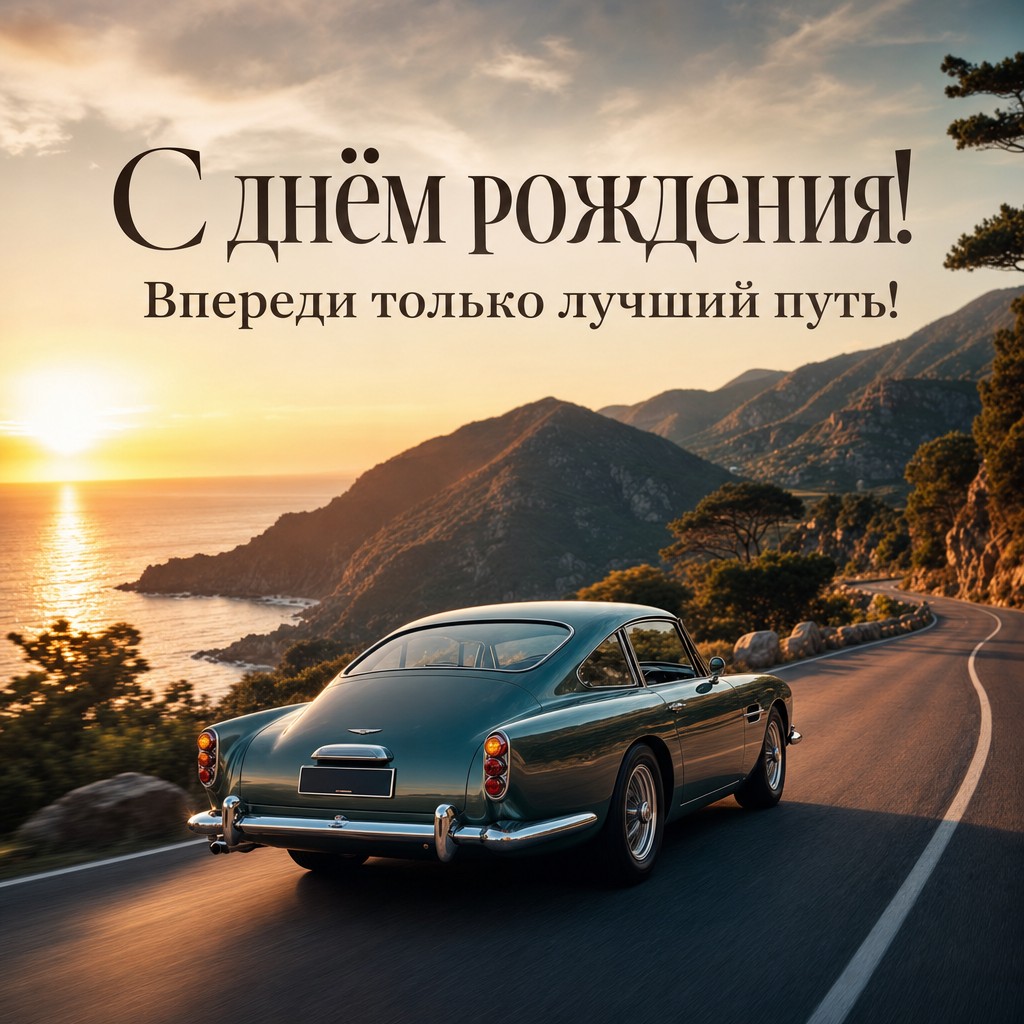 Стильная открытка с ретро автомобилем для поздравления с днем рождения.