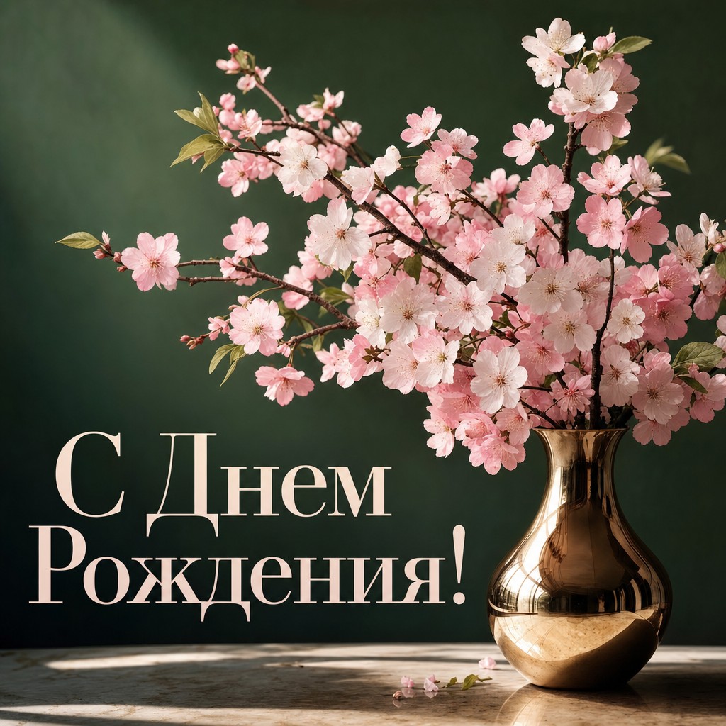 Открытка с ветвями сакуры в вазе для поздравления с днем рождения.