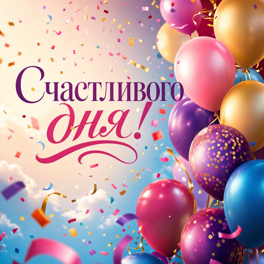 Яркая открытка с шариками и конфетти для поздравления с днем рождения.