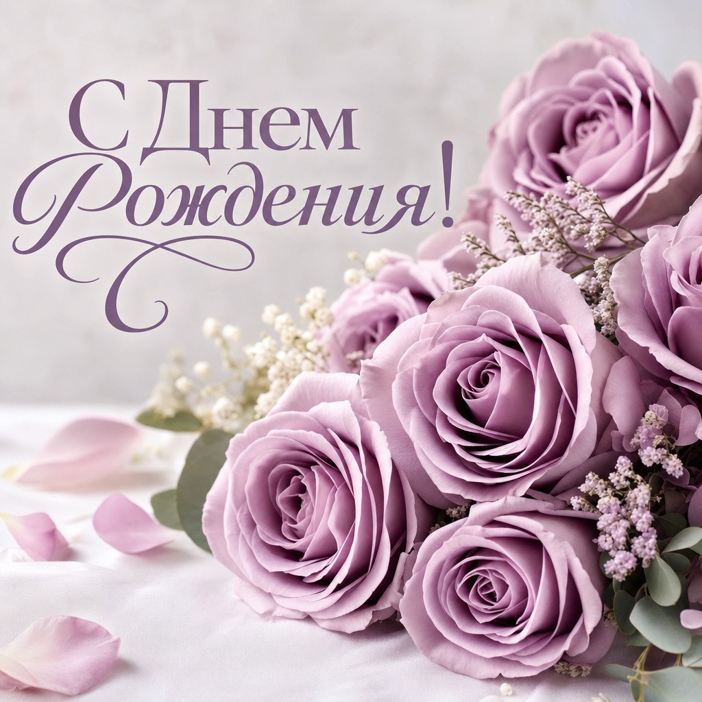 Открытка с сиреневыми розами для поздравления с днем рождения.