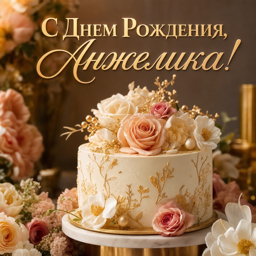 Поздравьте Анжелику с днем рождения с этой элегантной открыткой с тортом и цветами.