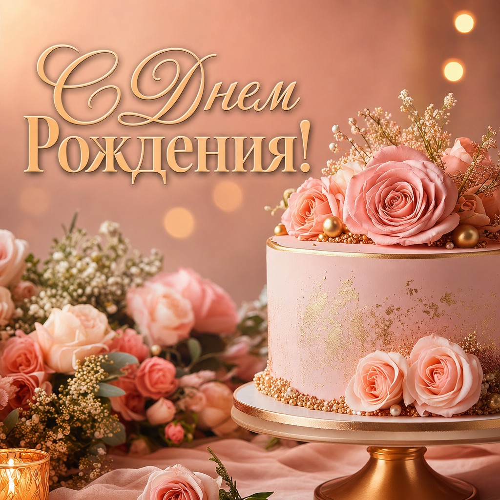 Подарите открытку с красивым тортом и цветами на день рождения.