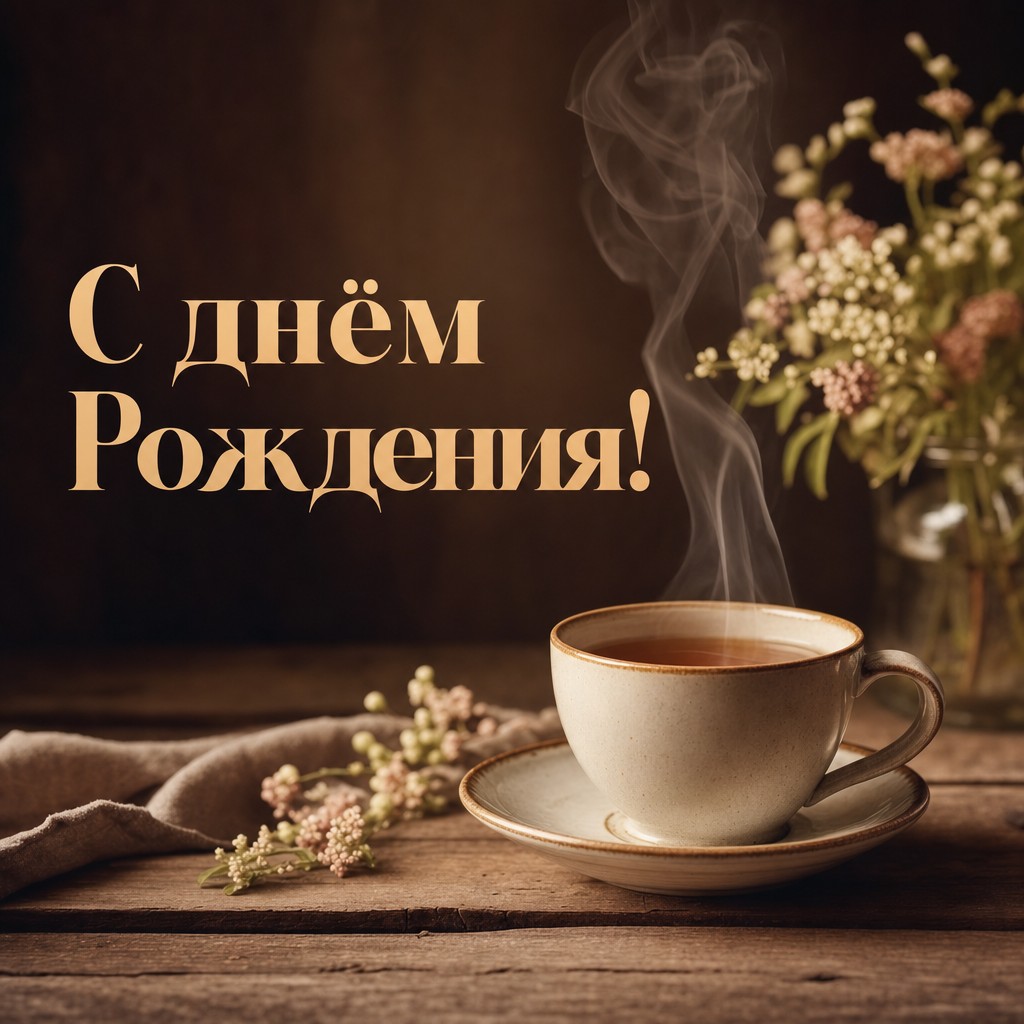 Минималистская открытка с чашкой чая для поздравления с днем рождения.