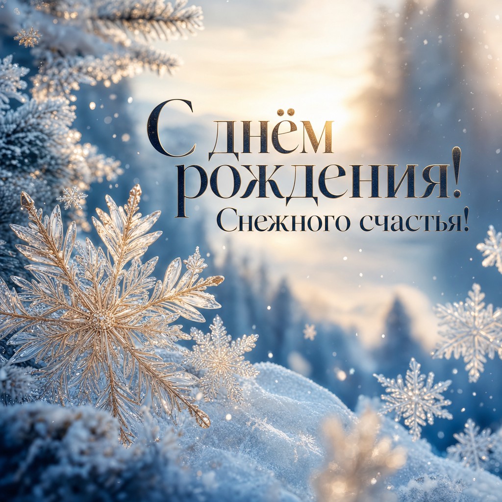Элегантная зимняя открытка со снежинками для поздравления с днем рождения.