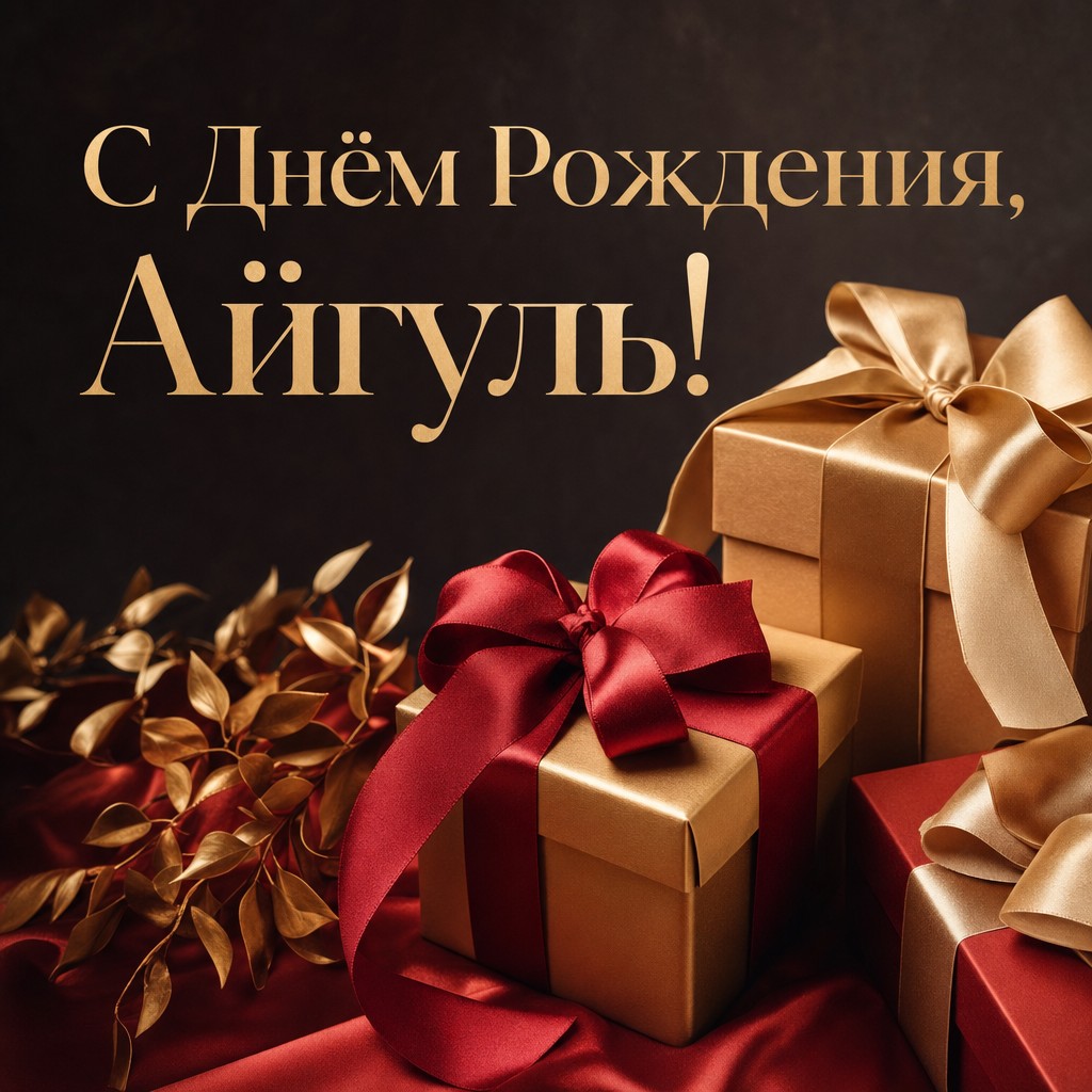 Современная открытка с подарками для поздравления Айгуль с Днём Рождения.