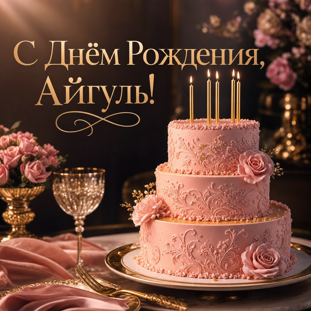 Премиальная открытка с тортом и свечами для поздравления Айгуль с Днём Рождения.