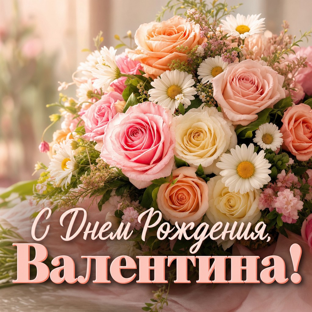 Яркая открытка с цветочным букетом для Валентины на День Рождения.