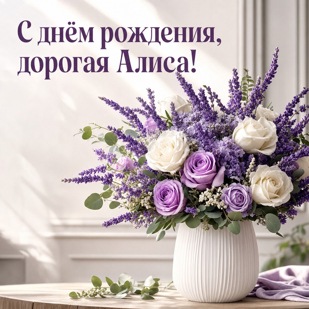 Элегантная открытка с букетом цветов для поздравления Алисы с днем рождения.