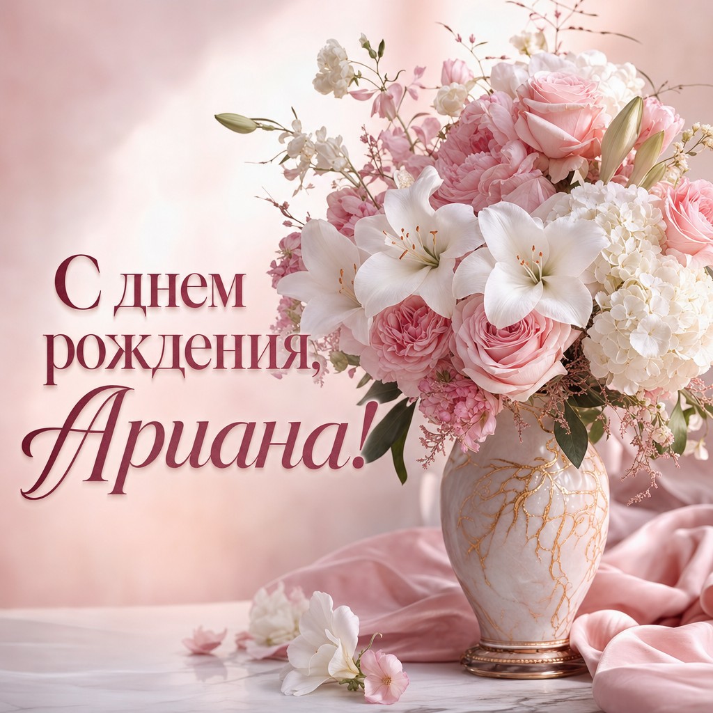 Элегантная открытка с букетом цветов для празднования Дня Рождения Арианы.
