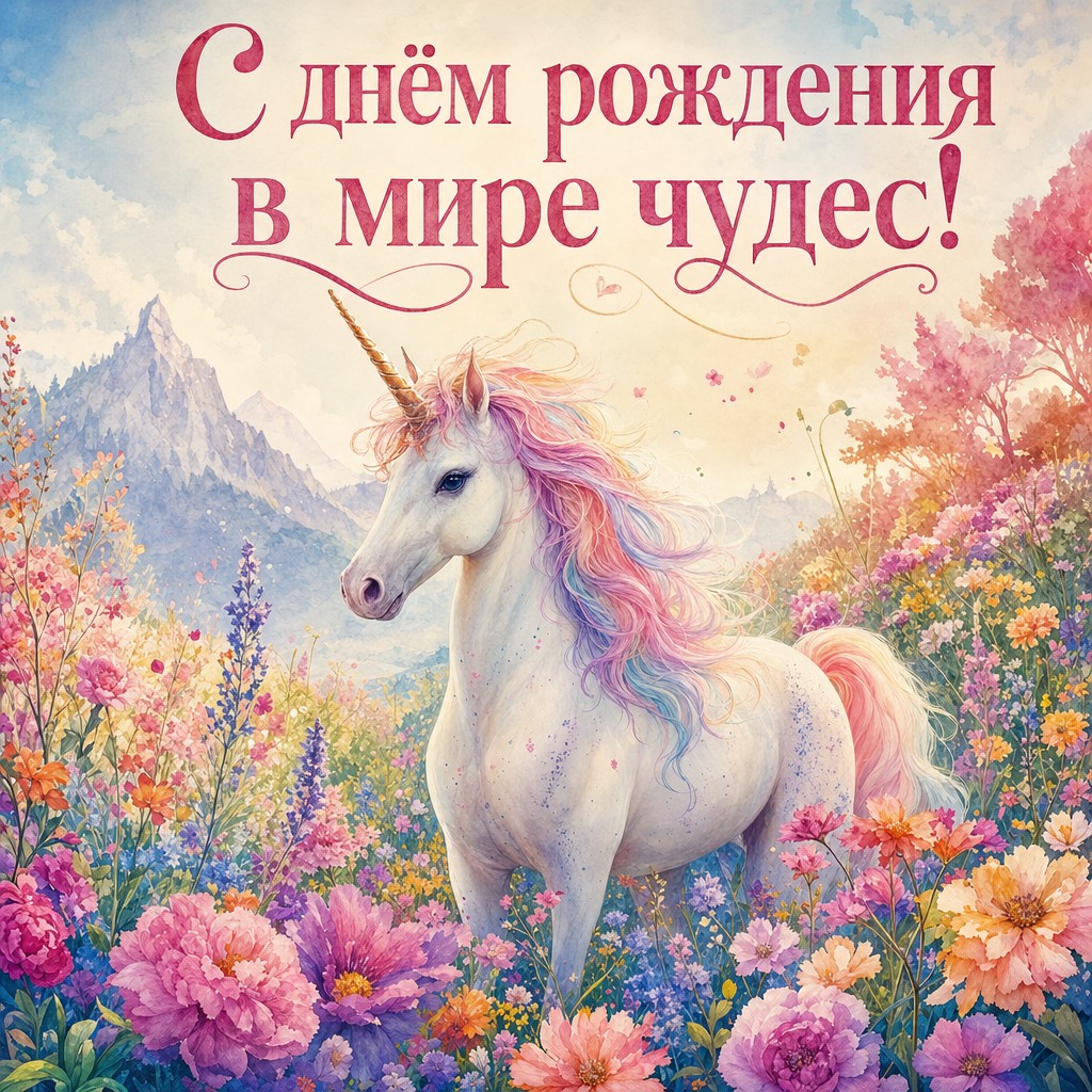 Чудесная открытка с единорогом для поздравления внучки с днём рождения!
