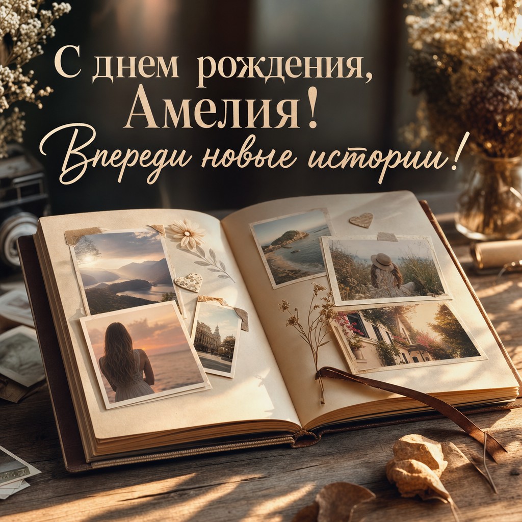 Трогательная открытка для Амелии с книгой воспоминаний на столе.