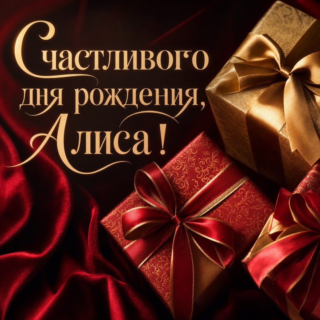 Яркая открытка с подарками для поздравления Алисы с днем рождения.