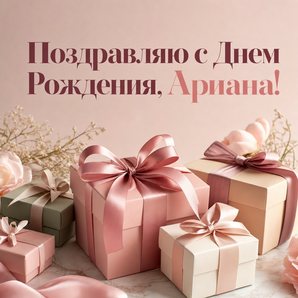 Современная открытка с подарками для празднования Дня Рождения Арианы.