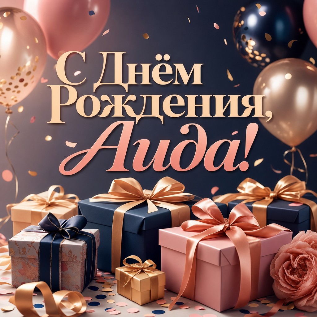 Весёлая открытка с Днём Рождения с подарками для Аиды. Поздравь её с отличным стилем!