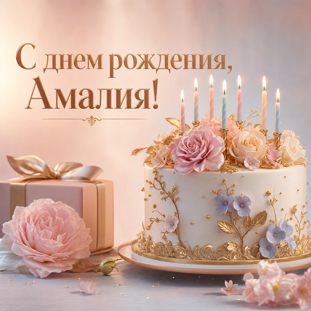 Празднуйте день рождения Амалии с элегантным тортом и свечами.