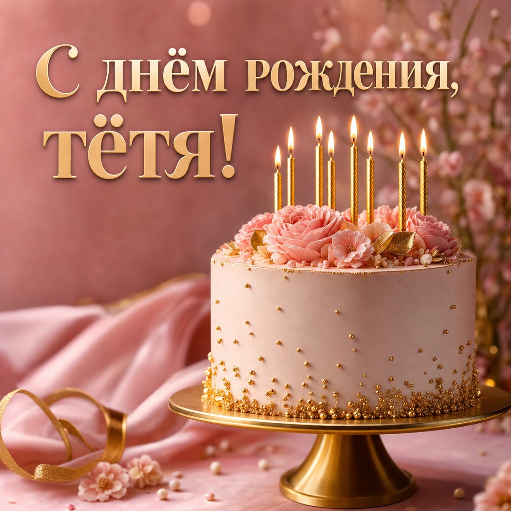 Элегантная открытка с тортом и свечами для дня рождения тёти. Прекрасный дизайн.